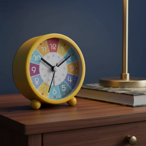 Réveil éducatif enfant, posé sur une table de nuit