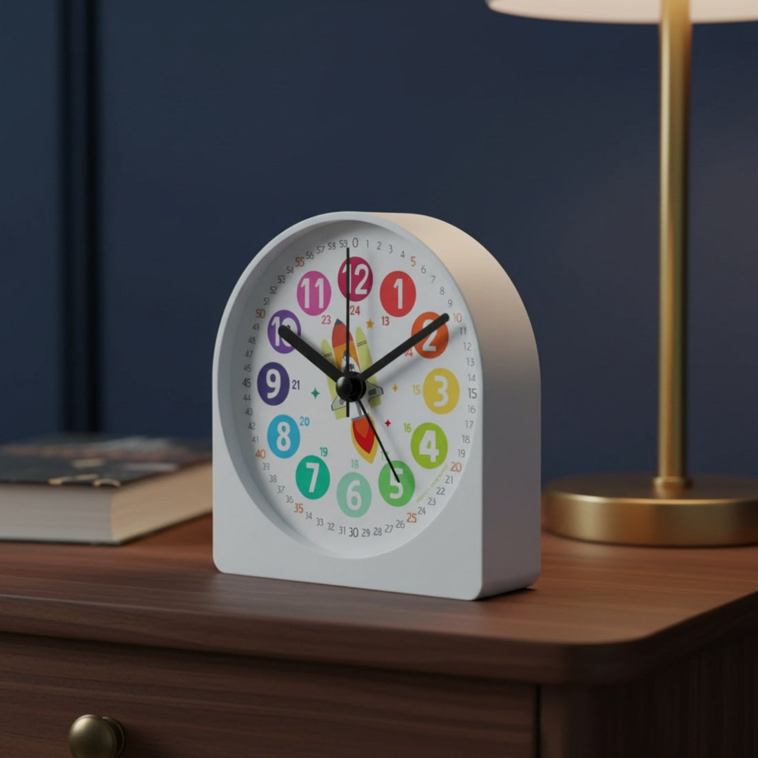 Réveil éducatif pour l'apprentissage, posé sur une table de nuit