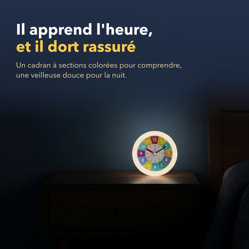 Réveil éducatif veilleuse intégrée en situation dans une chambre d'enfant