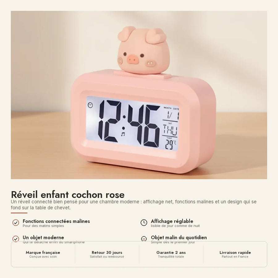 Réveil enfant cochon rose