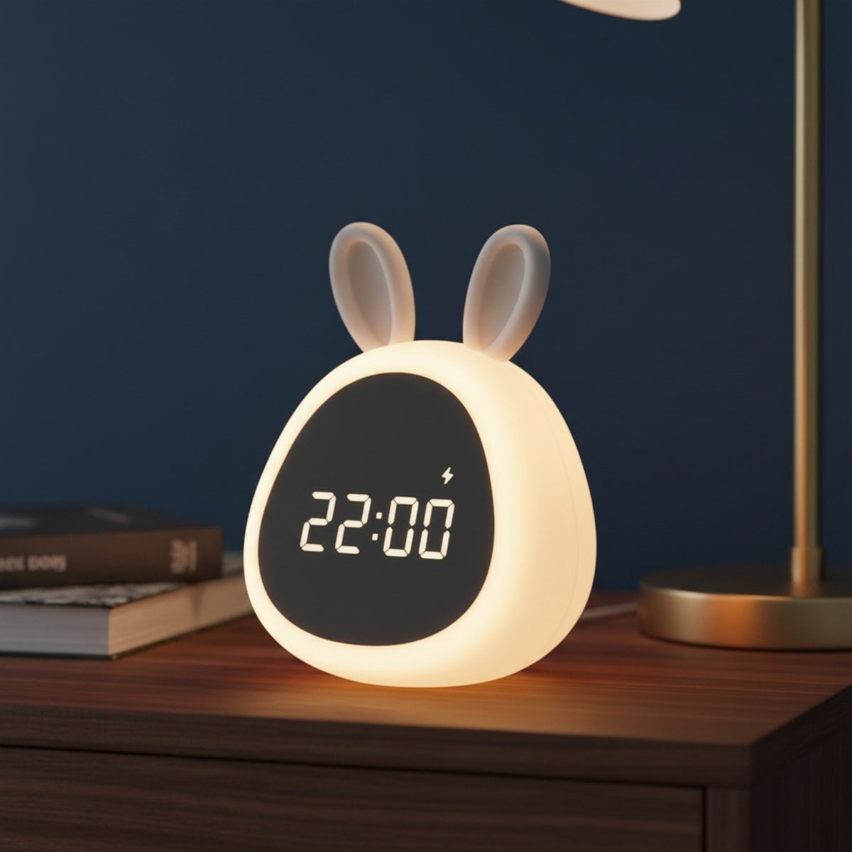 Réveil enfant éducatif veilleuse lapin, posé sur une table de nuit