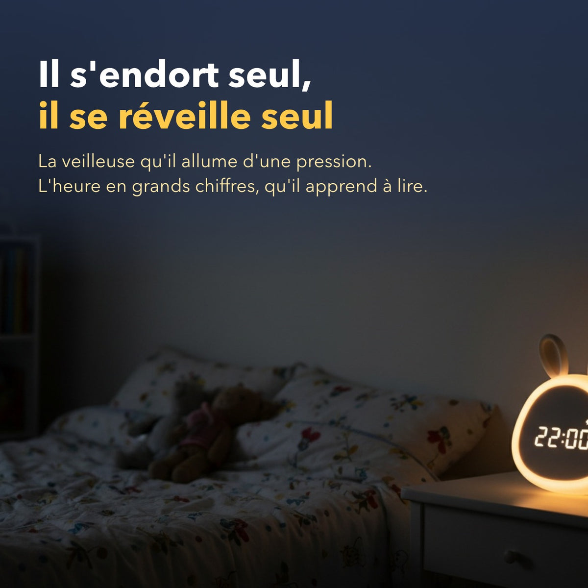 Réveil enfant éducatif veilleuse lapin en situation dans une chambre d'enfant