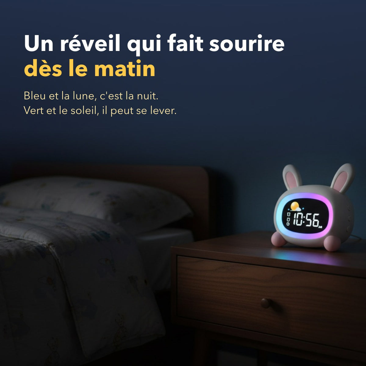 Réveil enfant jour et nuit lapin en situation dans une chambre d'enfant