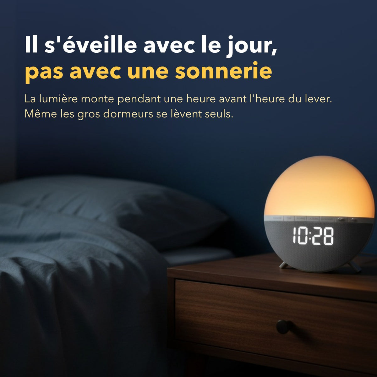 Réveil enfant simulateur d'aube éducatif en situation dans une chambre d'enfant