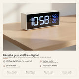 Réveil digital gros chiffres blanc, thermomètre
