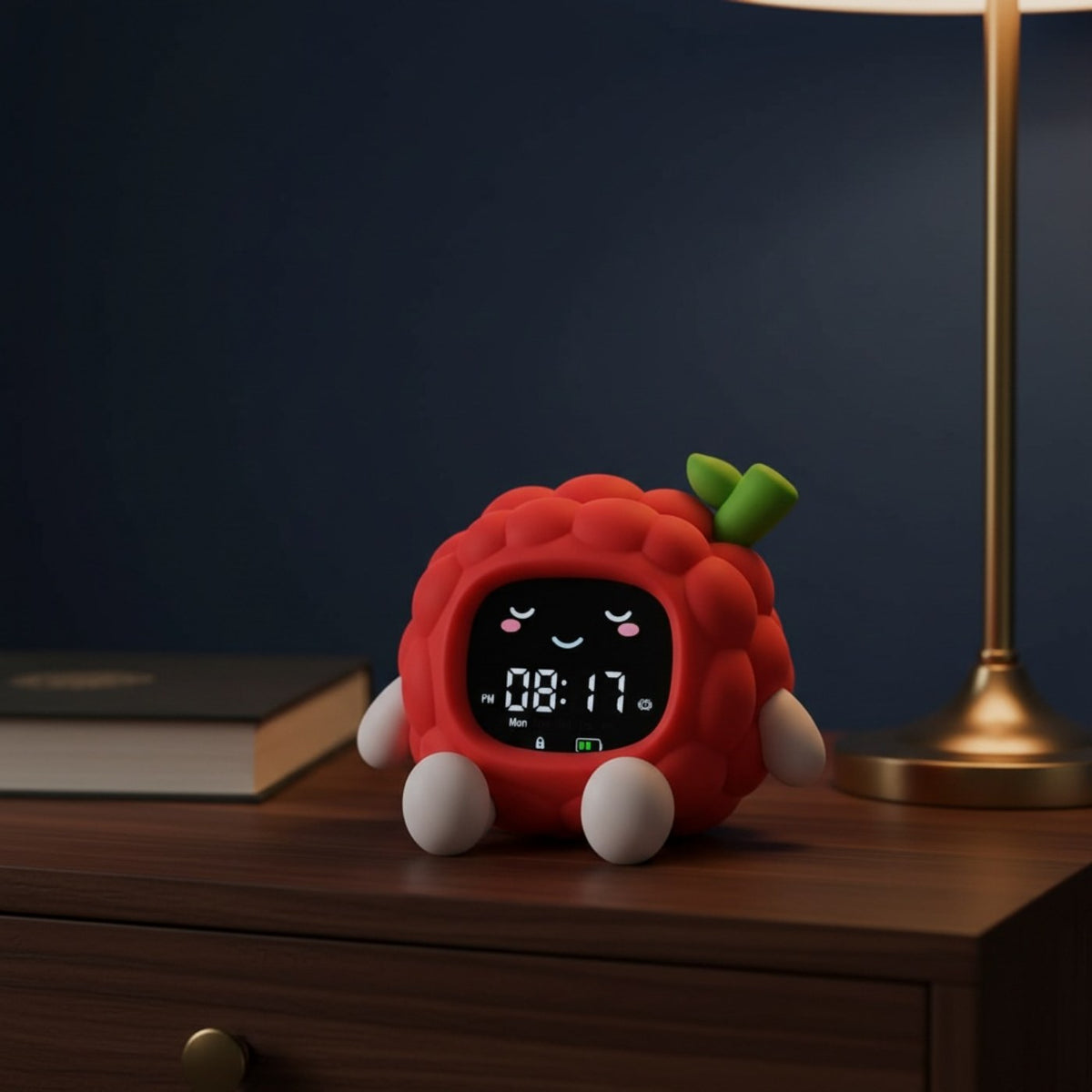 Réveil jour et nuit enfant veilleuse framboise, posé sur une table de nuit