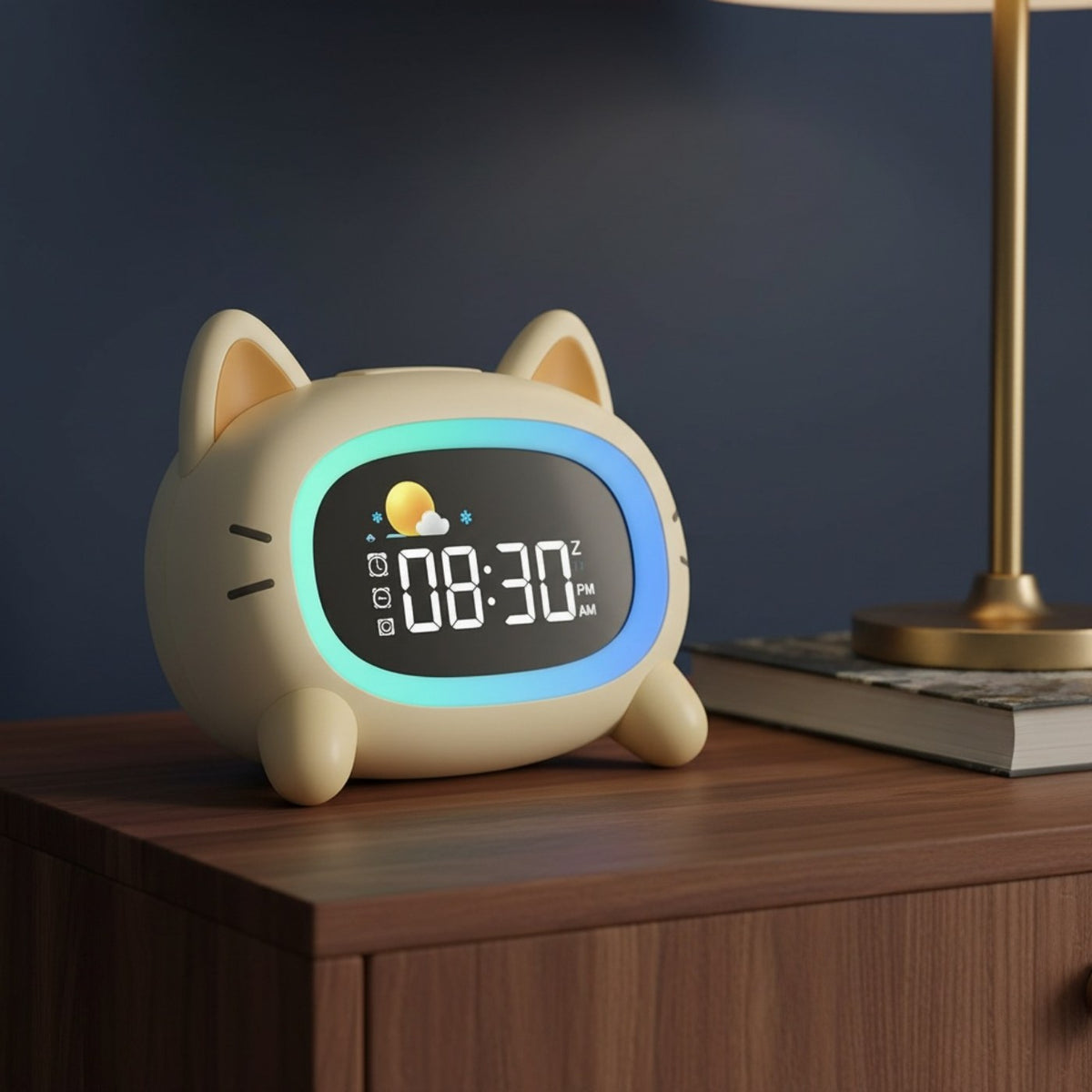 Réveil jour nuit enfant chat, posé sur une table de nuit