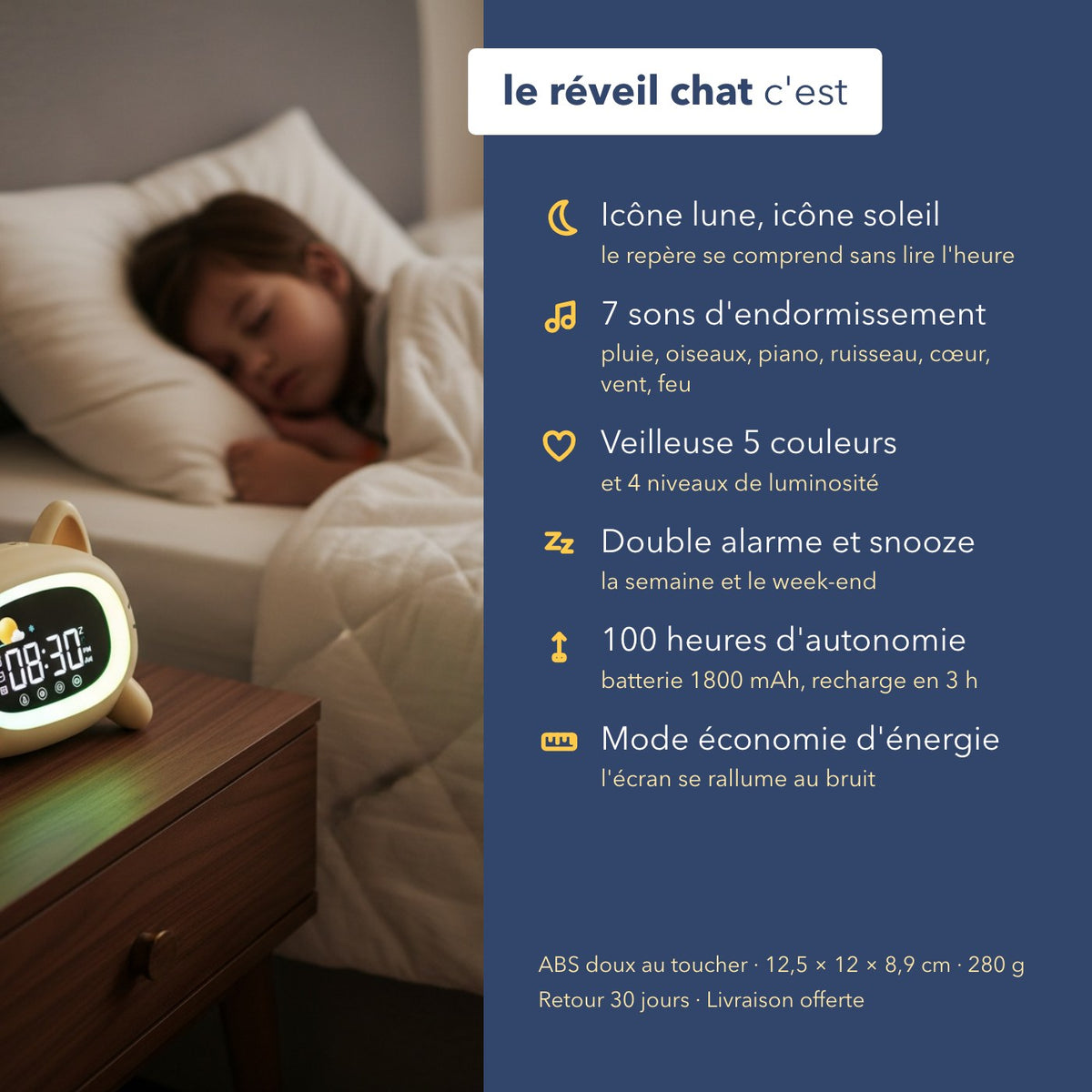 Les caractéristiques du réveil jour nuit enfant chat