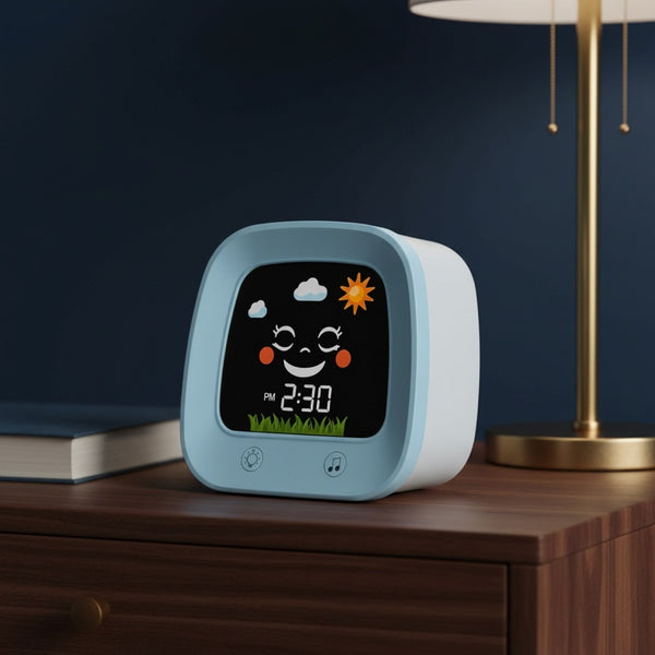 Réveil jour nuit pour enfant, posé sur une table de nuit