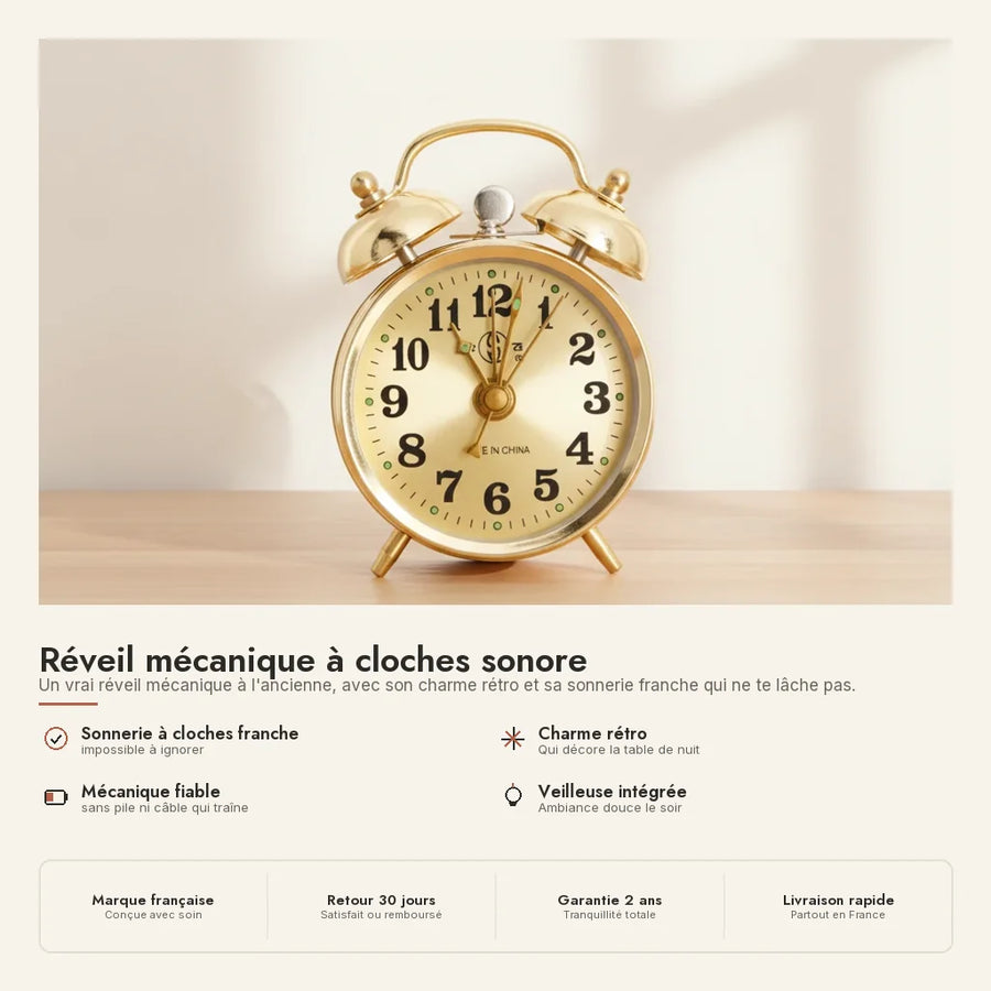Réveil mécanique à cloches sonore