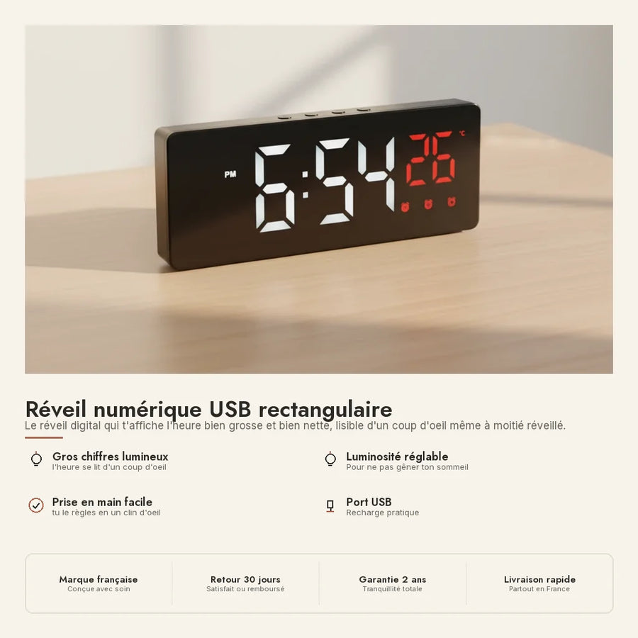 Réveil numérique USB rectangulaire