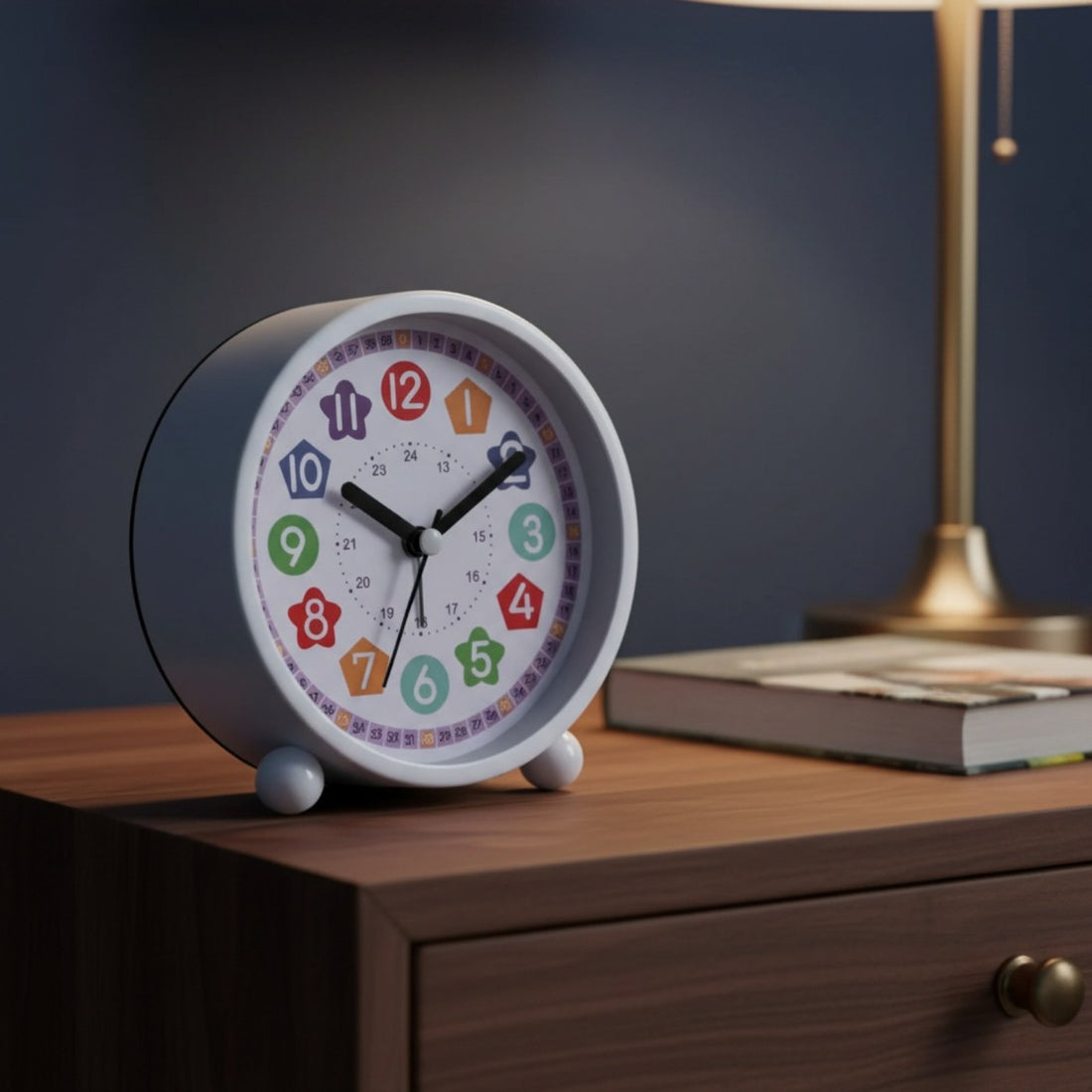Réveil pédagogique enfant, posé sur une table de nuit