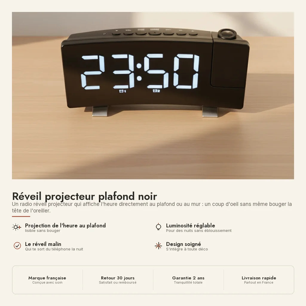 Réveil projecteur plafond noir — en situation