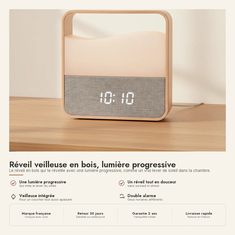 Réveil veilleuse en bois, lumière progressive
