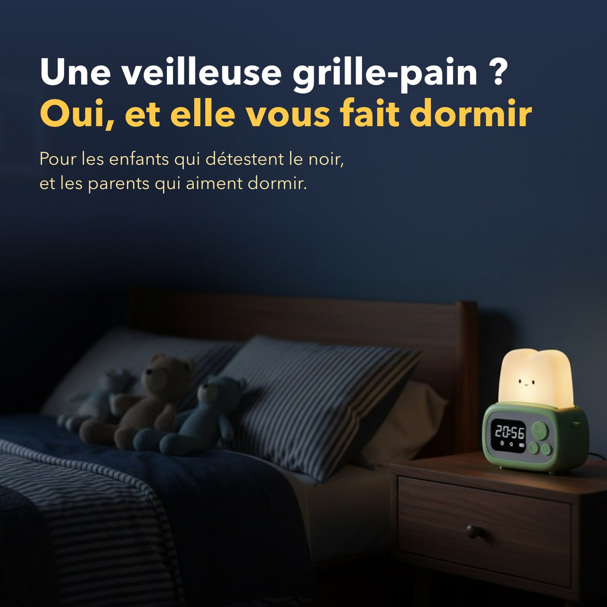 Réveil veilleuse enfant grille-pain en situation dans une chambre d'enfant