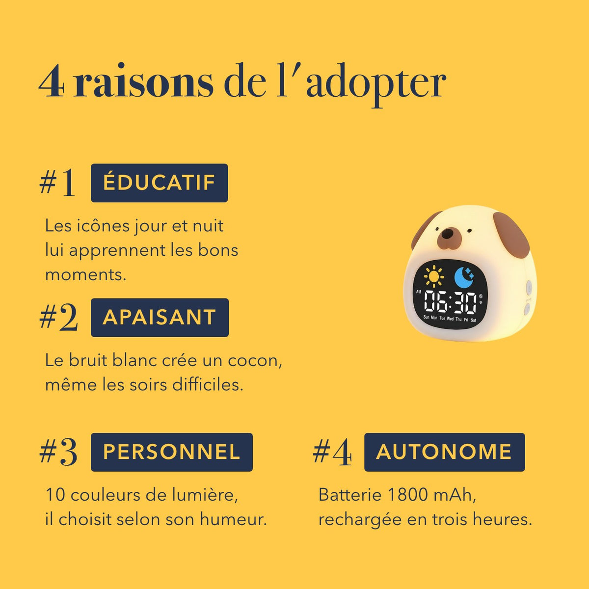 Quatre raisons d'adopter le réveil veilleuse enfant jour et nuit bruit blanc