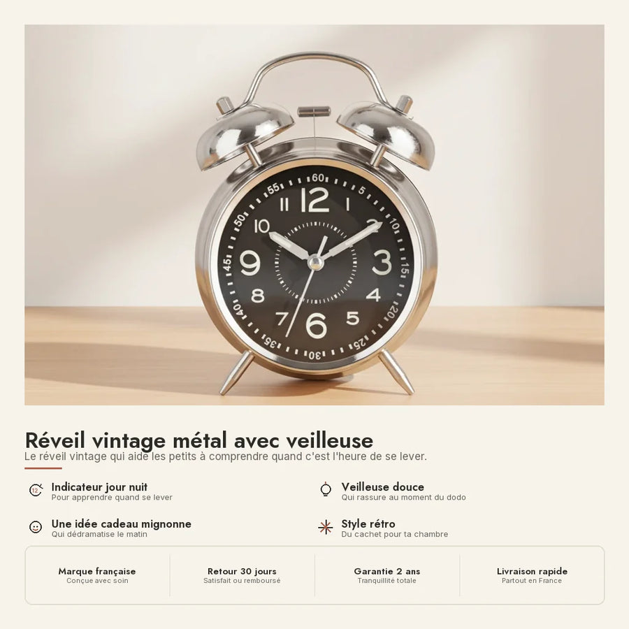Réveil vintage métal avec veilleuse