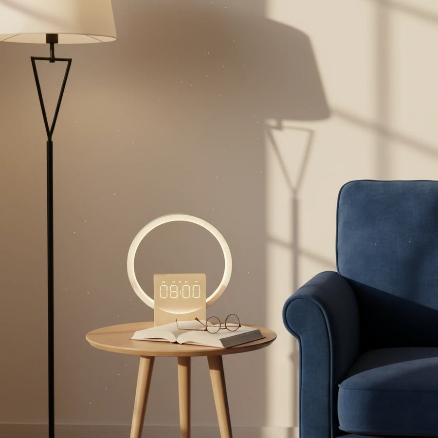 Simulateur d'aube Bluetooth bois, anneau lumineux