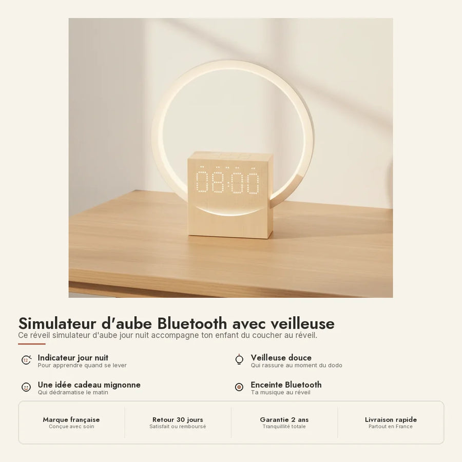 Simulateur d'aube Bluetooth bois, anneau lumineux